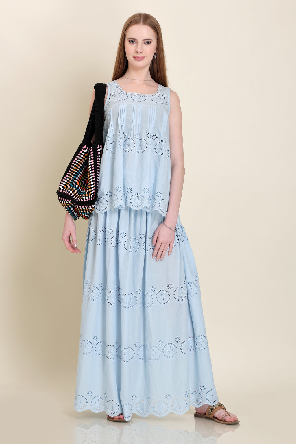 Sky-blue schiffli fabric co-ord set