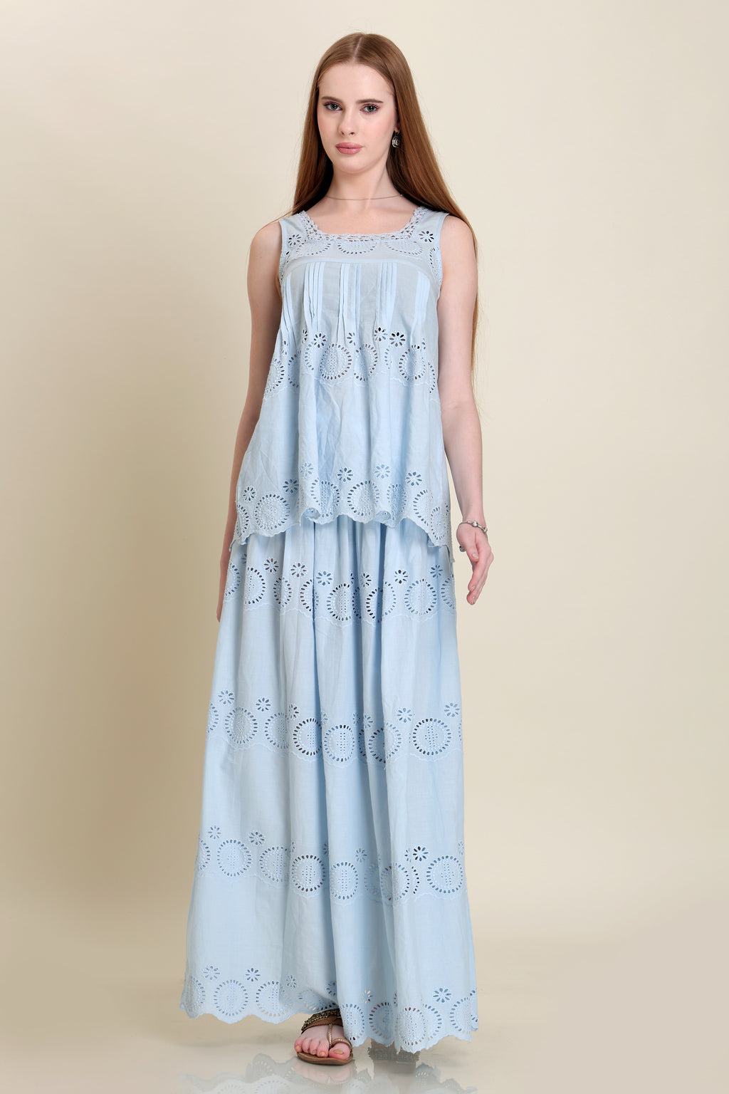 Sky-blue schiffli fabric co-ord set